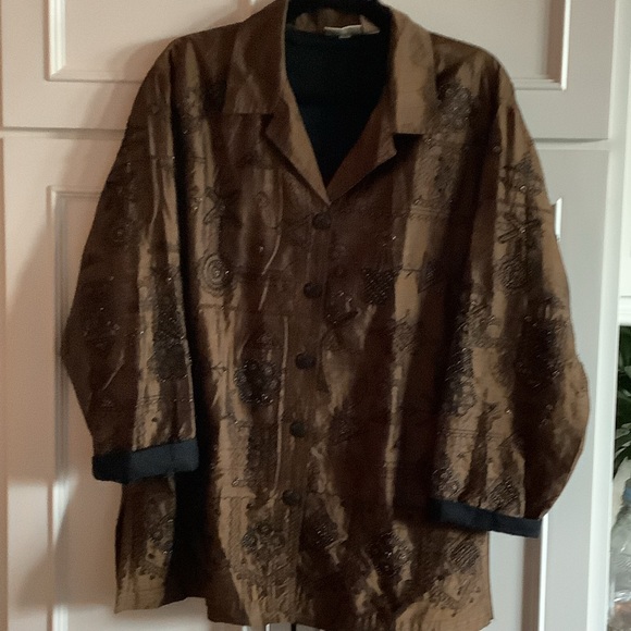 Chico’s Design 100% Silk Embroidery Blazer Jacket Size 2 (Large) Brown Beaded - Picture 6 of 9